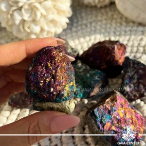 Chalcopyrite (Peacock Ore) from Mexico at GAIA CENTER Crystal Shop in Cyprus. Known as the "Stone of Abundance," it helps attract wealth, prosperity, and success. Order online top quality crystals, Cyprus islandwide delivery: Limassol, Larnaca, Paphos, Nicosia. Europe and Worldwide shipping.