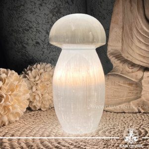 Mushroom White Selenite Crystal Lamp from Morocco at Gaia Center Crystal shop in Cyprus. Selenite Crystal Lamps, both visually stunning and spiritually enriching, bring a touch of tranquility to your living spaces. Salt and Selenite crystal lamps selection. Order online: Cyprus islandwide delivery: Limassol, Nicosia, Paphos, Larnaca. Europe and worldwide shipping.