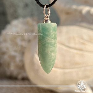 Amazonite or Amazone Stone Polished Point Pendant at Gaia Center Crystal shop in Cyprus. Known as the "Stone of Courage and Truth," Amazonite carries a calming energy that promotes balance, alleviates stress, and enhances communication. Each pendant is crafted with natural Amazonite, showcasing its serene blue-green hues and unique beauty. Order crystals online, Cyprus islandwide delivery: Limassol, Larnaca, Paphos, Nicosia. Europe and Worldwide shipping.