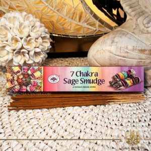 Green Tree 7 Chakra Sage Smudge Natural Incense 15 grams at GAIA CENTER Crystals & Incense shop in Cyprus. Natural Premium Masala Incense fragrance by Green Tree brand. 15grams incense pack. Selection of natural incense sticks at GAIA CENTER | Crystals and Incense aroma shop in Cyprus. Order incense sticks and aroma burners online, Cyprus islandwide delivery: Nicosia, Paphos, Limassol, Larnaca