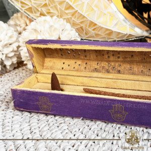 Incense Holder Wooden Box - Hand of Fatima Purple. Holds two aroma incense sticks and two incense pyramids or cones. Made from wood with artistic design. Incense burners selection at Gaia Center Crystal Incense Shop in Cyprus. Order online, Cyprus islandwide delivery: Limassol, Larnaca, Nicosia, Paphos. Europe and worldwide shipping.