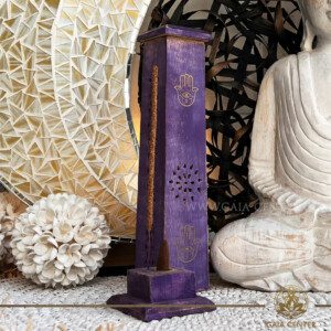 Incense Holder Wooden Tower - Hand of Fatima Purple. Tower Incense Holder or Ash Catcher - natural wooden box. Holds four aroma incense sticks and one incense pyramids or cone. Incense burners selection at Gaia Center | Cyprus. Order online, Cyprus islandwide delivery: Limassol, Larnaca, Nicosia, Paphos. Europe and worldwide shipping.