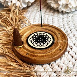 Incense Holder Wooden Round Ash Catcher - Seed of Life. Holds five aroma incense sticks and one incense pyramids or cone. Made from wood with artistic design. Incense burners selection at Gaia Center Crystal Incense Shop in Cyprus. Order online, Cyprus islandwide delivery: Limassol, Larnaca, Nicosia, Paphos. Europe and worldwide shipping.