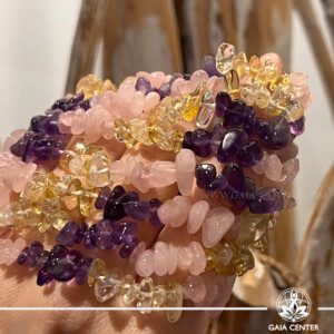 Mixed Stone Crystal Chips Bracelet |Amethyst-Rose Quartz-Citrine| Discover the harmonious blend of energies with our Mixed Stone Crystal Chips Bracelet, featuring Amethyst, Rose Quartz, and Citrine. This exquisite piece, available at our Cyprus crystal shop, not only enhances your style but also brings together the unique properties of each gemstone:​ Amethyst: Known for its calming and protective qualities, it aids in stress relief and spiritual growth.​ Rose Quartz: Often referred to as the 'Stone of Love,' it fosters self-love, compassion, and emotional healing.​ Citrine: Celebrated as the 'Stone of Success,' it promotes positivity, abundance, and personal power.​ Whether you're seeking to balance your energies or simply add a touch of elegance to your ensemble, this bracelet serves as a perfect accessory.​ Visit our crystal shop in Cyprus to experience the combined beauty and benefits of these gemstones firsthand.