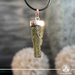 Moldavite Pendant Rough |925 Silver Bail| Chlum - Czech Republic. Crystal points, towers and obelisks selection at Gaia Center Crystal shop in Cyprus. Order online, Cyprus islandwide delivery: Limassol, Larnaca, Paphos, Nicosia. Europe and Worldwide shipping.