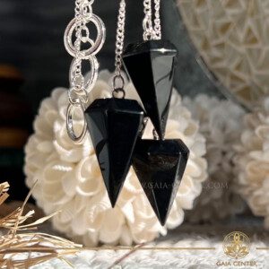 Black Obsidian crystal dowsing pendulum with a polished teardrop shape, perfect for divination and energy work. Available at GAIA CENTER Crystal shop in Cyprus. Order crystals online, Cyprus islandwide delivery: Limassol, Larnaca, Paphos, Nicosia. Europe and Worldwide shipping.