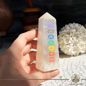 Shop Selenite White Crystal Obelisk Chakras available for online or in-store at Gaia Center crystal shop in Cyprus. Perfect for energy clearing, chakra healing & home decor. Islandwide delivery available.