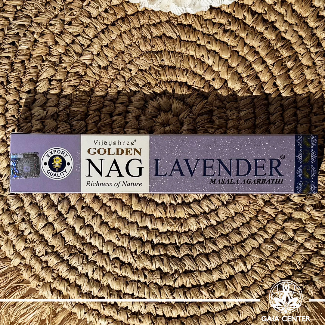 Aroma Incense Sticks Lavender fragrance by Golden Nag brand. 15grams incense pack. Selection of natural incense sticks at GAIA CENTER | Crystals and Incense aroma shop in Cyprus.