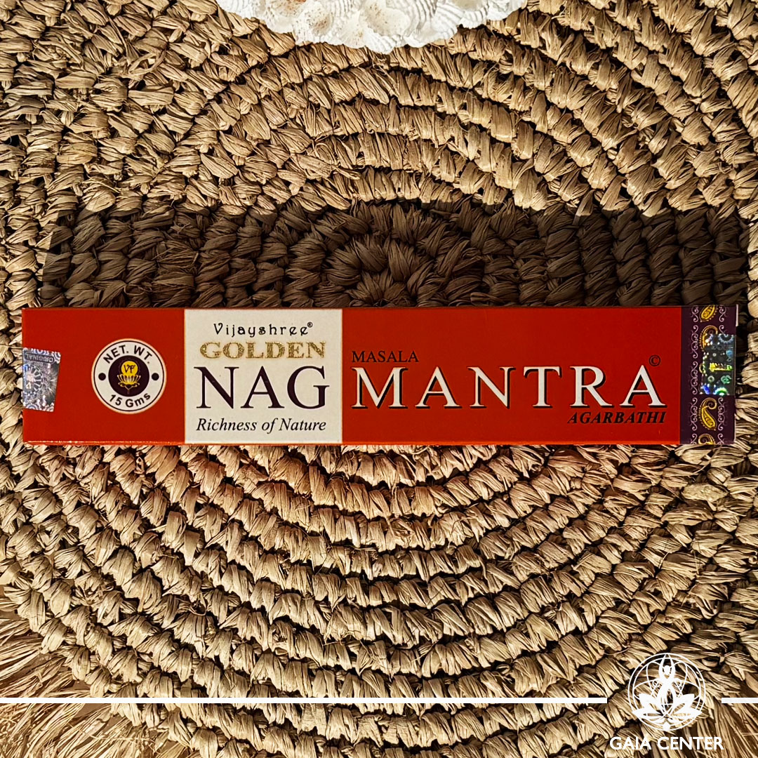 Aroma Incense Sticks Mantra fragrance by Golden Nag brand. 15grams incense pack. Selection of natural incense sticks at GAIA CENTER | Crystals and Incense aroma shop in Cyprus.