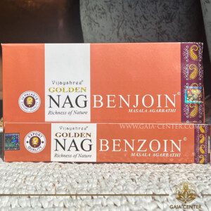 Aroma Incense Sticks Benzoin fragrance by Golden Nag brand. 15grams incense pack. Selection of natural incense sticks at GAIA CENTER | Crystals and Incense aroma shop in Cyprus. Order incense sticks and aroma burners online, Cyprus islandwide delivery: Nicosia, Paphos, Limassol, Larnaca