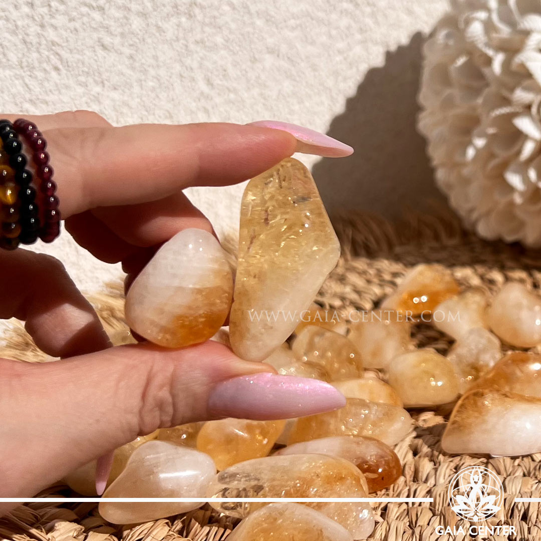 Shop Citrine Heat-Treated Polished Tumbled Stones at Gaia Center. Uplifting crystals for abundance, success & positive energy. Available online & in-person at our store Cyprus.