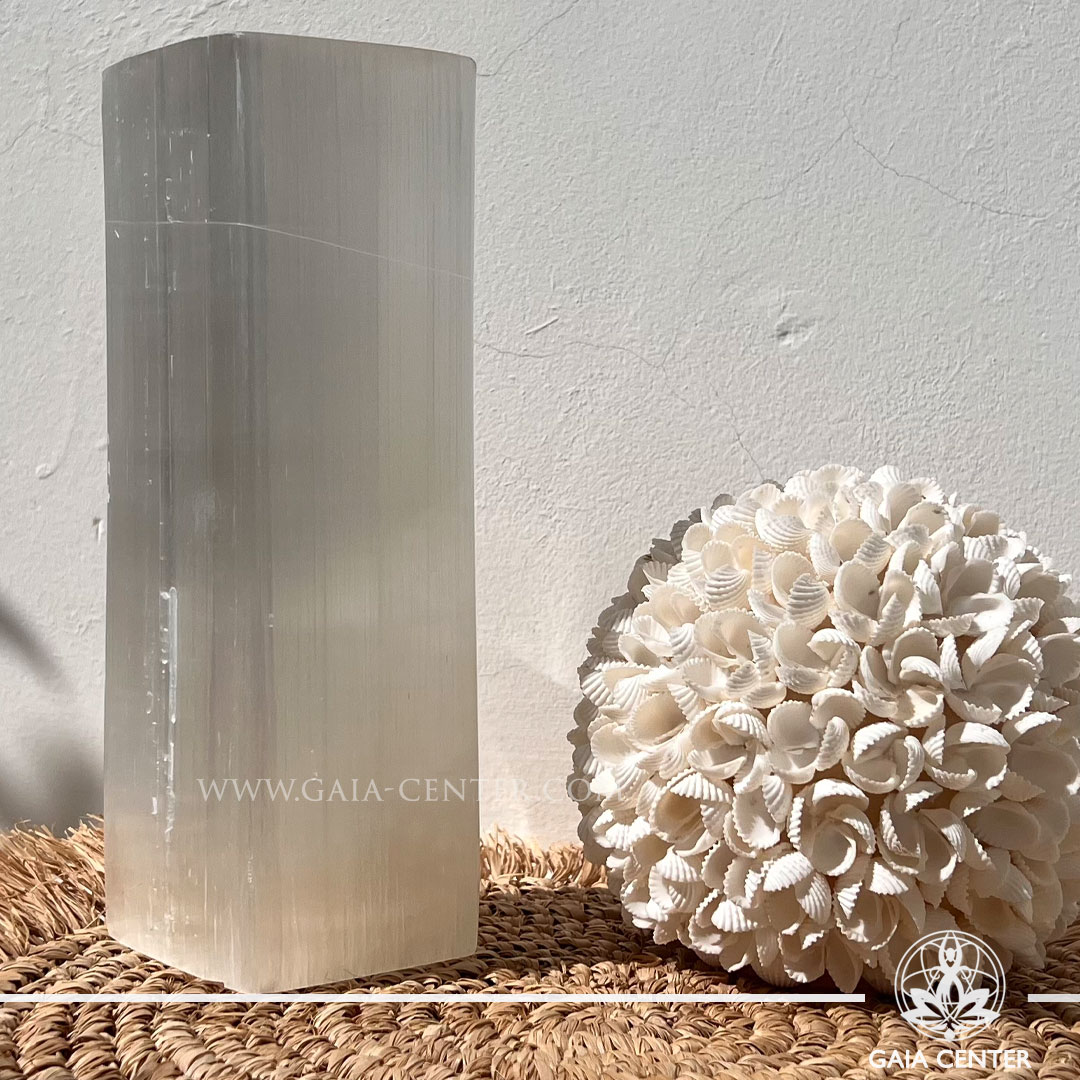 Square White Selenite Crystal Lamp from Morocco at Gaia Center Crystal shop in Cyprus. Selenite Crystal Lamps, both visually stunning and spiritually enriching, bring a touch of tranquility to your living spaces. Salt and Selenite crystal lamps selection. Order online: Cyprus islandwide delivery: Limassol, Nicosia, Paphos, Larnaca. Europe and worldwide shipping.