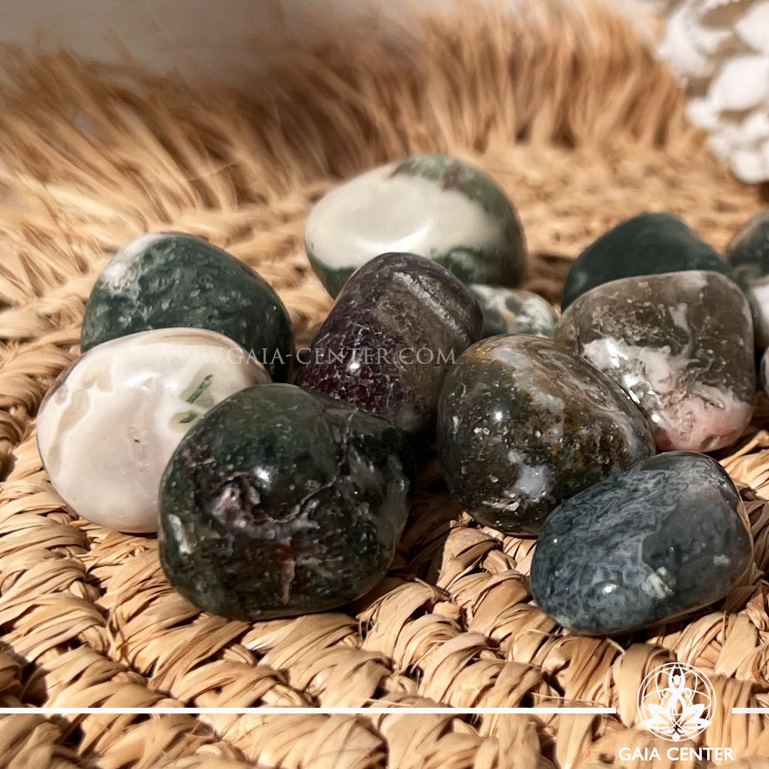 Green Moss Agate polished natural tumbled stones at GAIA CENTER Crystal shop in Cyprus.