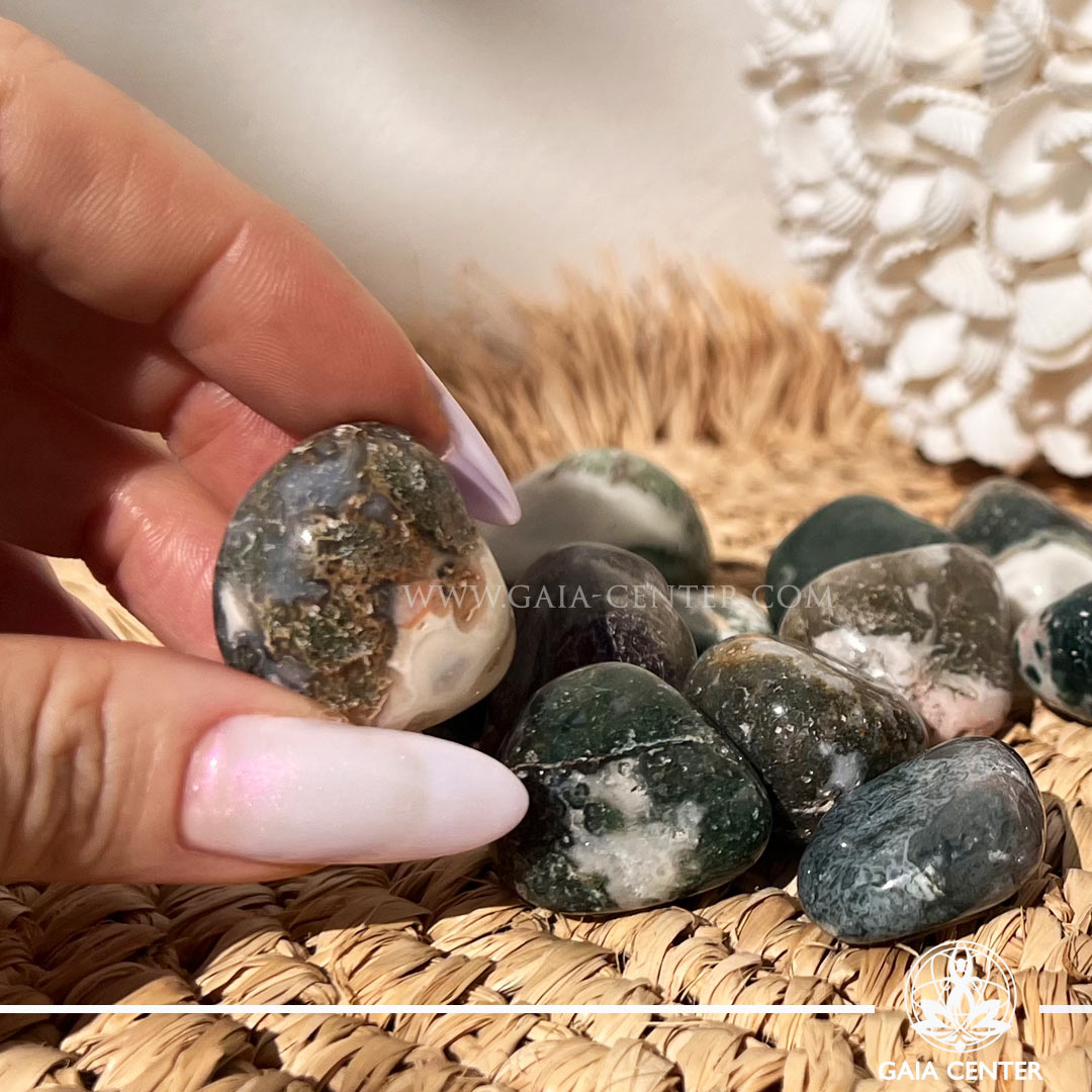 Green Moss Agate polished natural tumbled stones at GAIA CENTER Crystal shop in Cyprus.