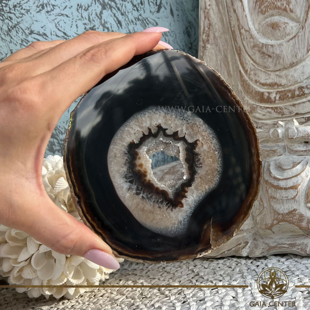 Black Agate slice from Brazil – grounding and protective crystal available in Cyprus at GAIA CENTER store.