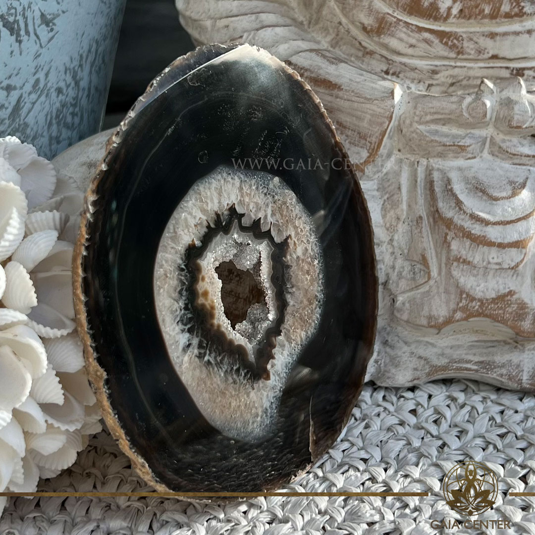Black Agate slice from Brazil – grounding and protective crystal available in Cyprus at GAIA CENTER store.