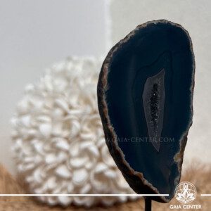 Blue Agate crystal on display pin from Madagascar with soft blue banded patterns at GAIA CENTER Crystal shop in Cyprus.