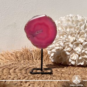 Pink Agate crystal on display pin from Madagascar with soft pink banded patterns at GAIA CENTER Crystal shop in Cyprus.