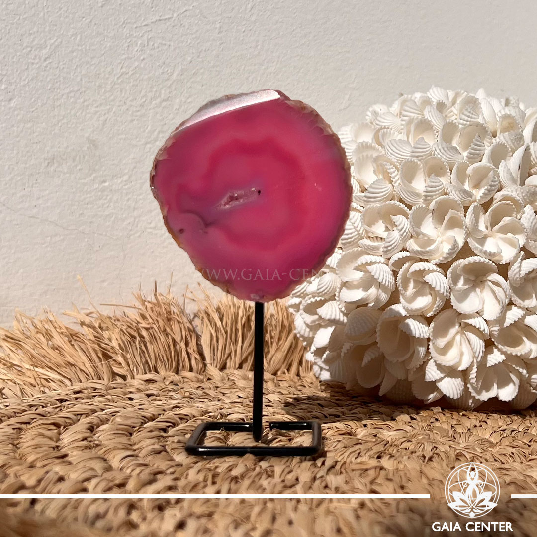 Pink Agate crystal on display pin from Madagascar with soft pink banded patterns at GAIA CENTER Crystal shop in Cyprus.