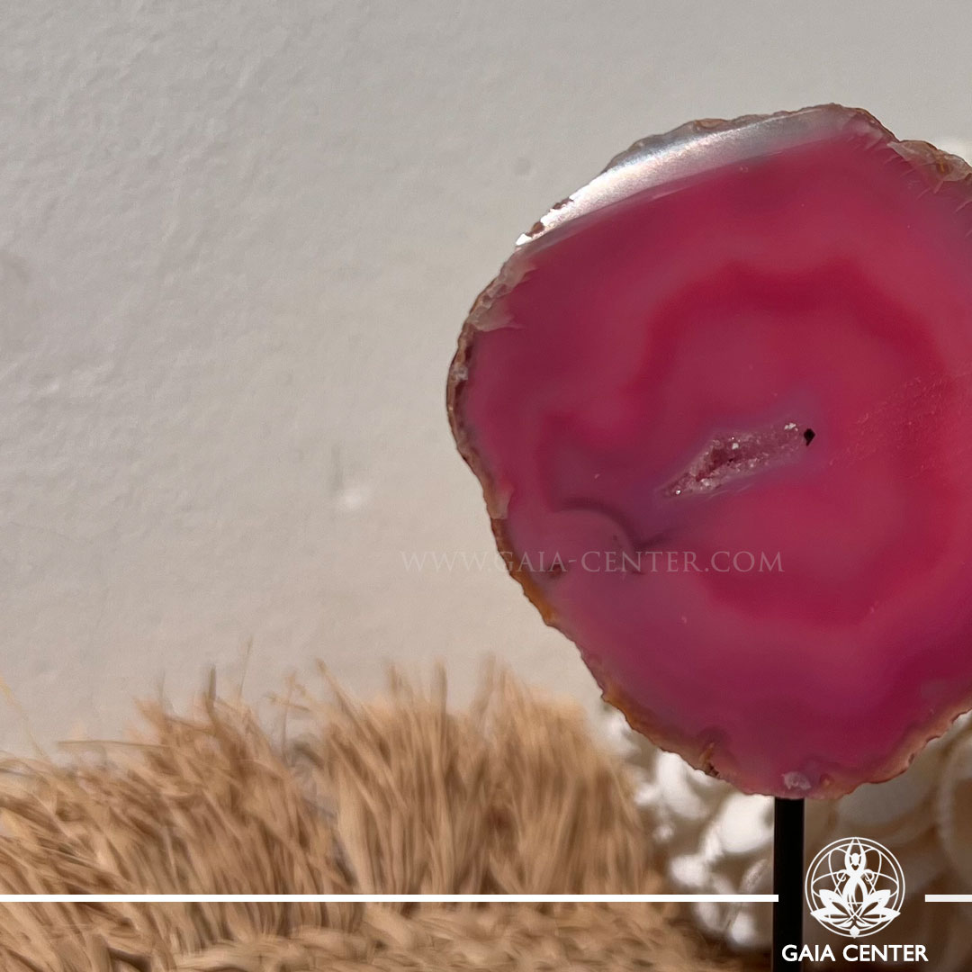 Pink Agate crystal on display pin from Madagascar with soft pink banded patterns at GAIA CENTER Crystal shop in Cyprus.