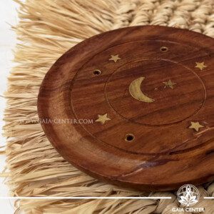 Incense Circular Holder Wood Round Ash Catcher - Moon Stars. Holds five aroma incense sticks. Made from wood with artistic design. Incense burners selection at Gaia Center Crystal Incense Shop in Cyprus. Order online, Cyprus islandwide delivery
