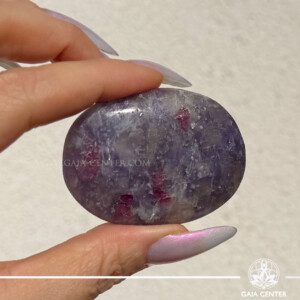 Polished Rubellite with Lepidolite smooth palmstone featuring pink and purple natural crystal patterns for emotional healing and calming energy.
