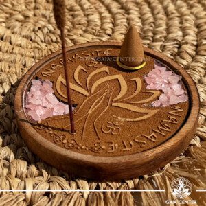Wooden Incense Holder - Rose Quartz Namaste Round Ash Catcher - Aroma incense burners selection at Gaia Center Crystal Incense Shop in Cyprus. Order online, Cyprus islandwide delivery