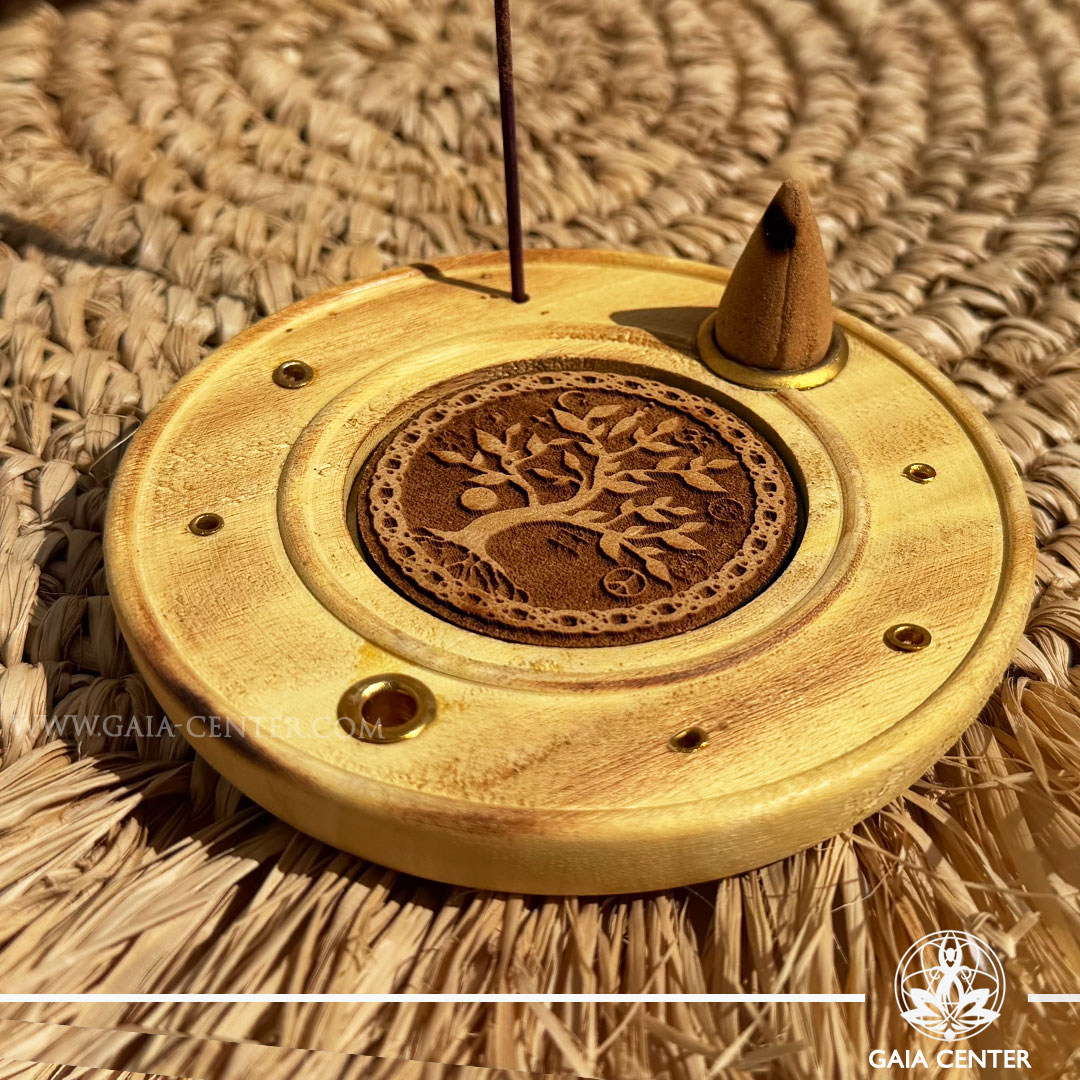 Incense Holder Mango Wood Round Ash Catcher - Tree of Life Incense burners selection at Gaia Center Crystal Incense Shop in Cyprus. Order online, Cyprus islandwide delivery