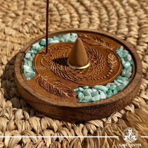Wooden Incense Holder - Amazonite Dreamcatcher Round Ash Catcher - Aroma incense burners selection at Gaia Center Crystal Incense Shop in Cyprus. Order online, Cyprus islandwide delivery