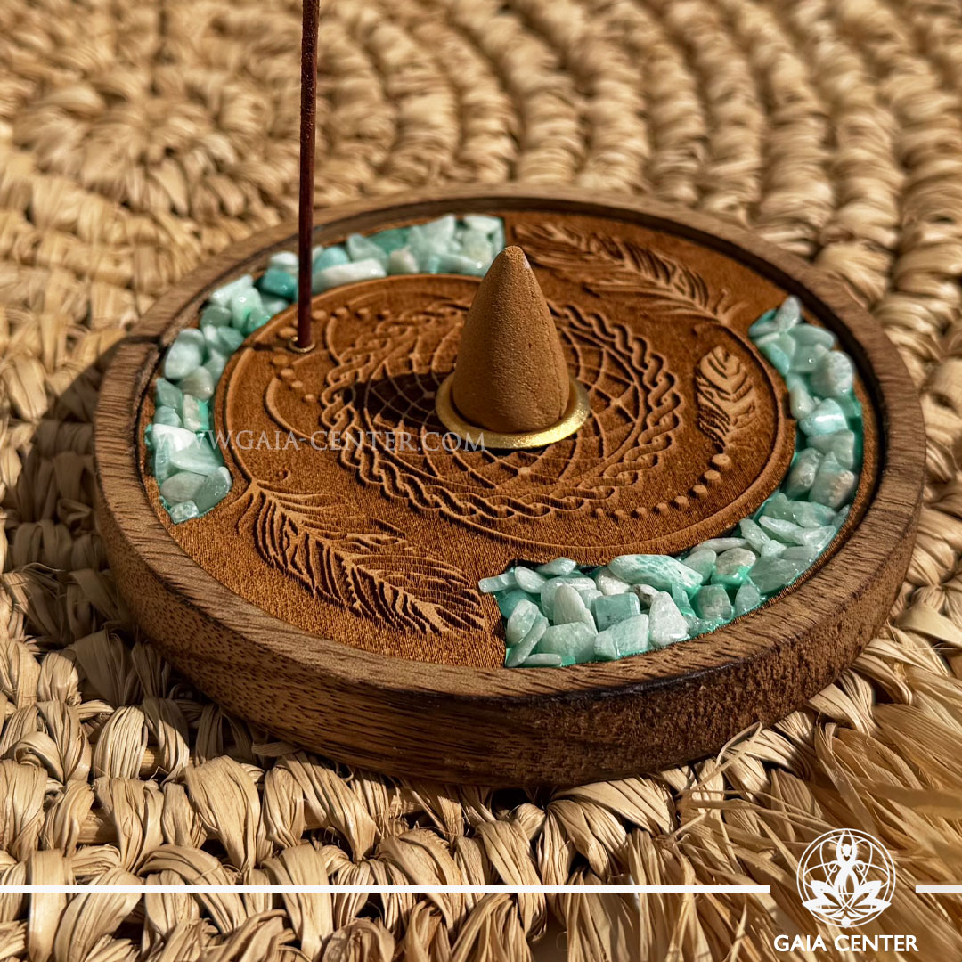 Wooden Incense Holder - Amazonite Dreamcatcher Round Ash Catcher - Aroma incense burners selection at Gaia Center Crystal Incense Shop in Cyprus. Order online, Cyprus islandwide delivery