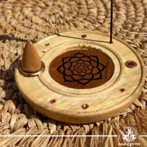 Incense Holder Mango Wood Round Ash Catcher - Lotus Mandala Incense burners selection at Gaia Center Crystal Incense Shop in Cyprus. Order online, Cyprus islandwide delivery