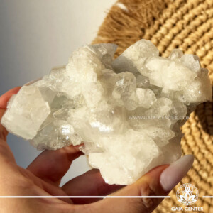 White Apophyllite Crystal Cluster featuring genuine natural mineral formation, available online at Gaia Center Crystal Shop Cyprus. Authentic White Apophyllite cluster for spiritual clarity, inner peace, meditation, energy cleansing and high-vibrational crystal healing with Cyprus-wide delivery.