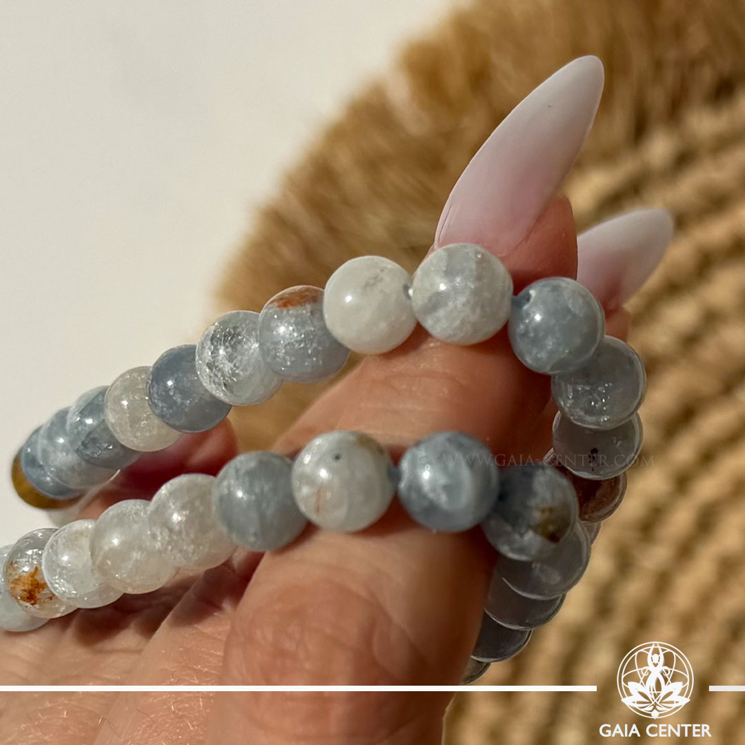 Blue Celestite Crystal Bracelet made with genuine natural gemstone beads, available online at Gaia Center Crystal Shop Cyprus. Authentic Blue Celestite bracelet for inner peace, spiritual connection, clear communication, emotional balance and meditation with Cyprus-wide delivery.