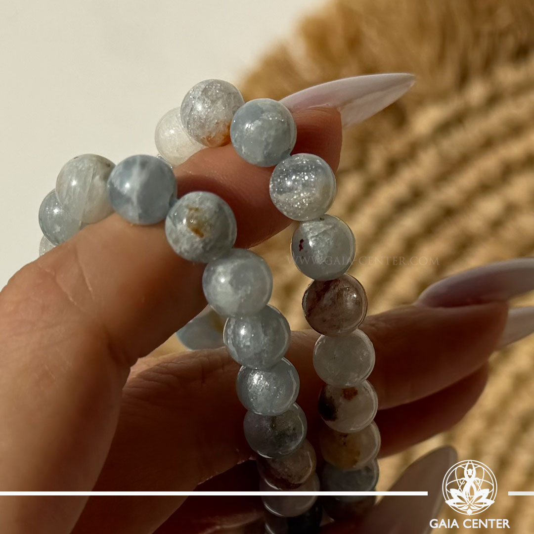Blue Celestite Crystal Bracelet made with genuine natural gemstone beads, available online at Gaia Center Crystal Shop Cyprus. Authentic Blue Celestite bracelet for inner peace, spiritual connection, clear communication, emotional balance and meditation with Cyprus-wide delivery.