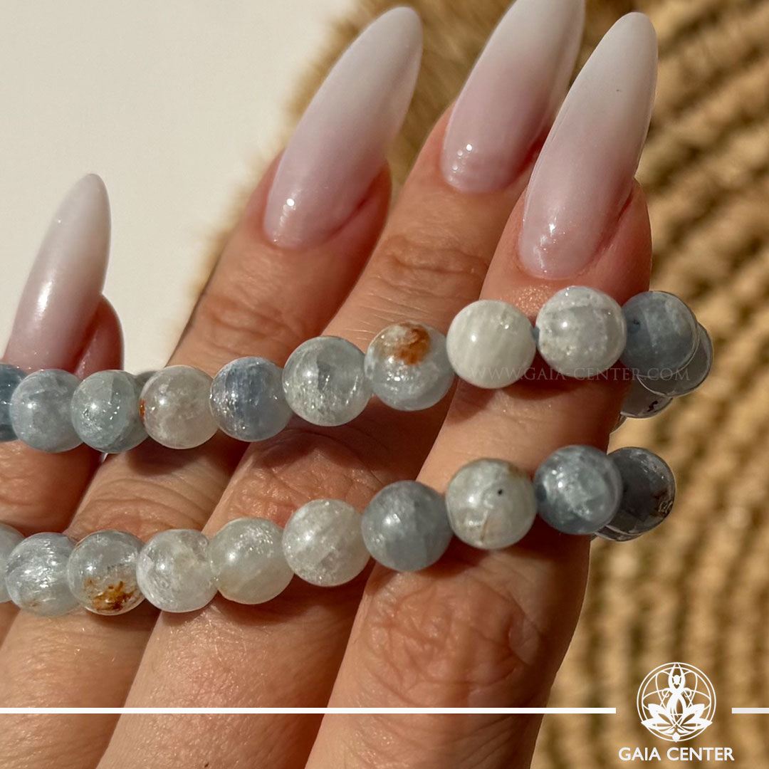 Blue Celestite Crystal Bracelet made with genuine natural gemstone beads, available online at Gaia Center Crystal Shop Cyprus. Authentic Blue Celestite bracelet for inner peace, spiritual connection, clear communication, emotional balance and meditation with Cyprus-wide delivery.
