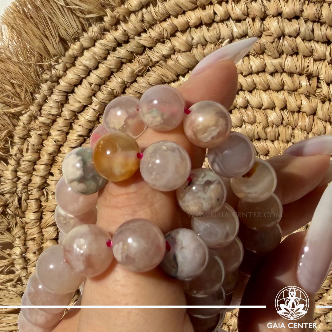 Blossom Agate Crystal Bracelet made with genuine natural gemstone beads, available online at Gaia Center Crystal Shop Cyprus. Authentic Flower Agate bracelet for personal growth, emotional healing, confidence, new beginnings and spiritual wellbeing with Cyprus-wide delivery.