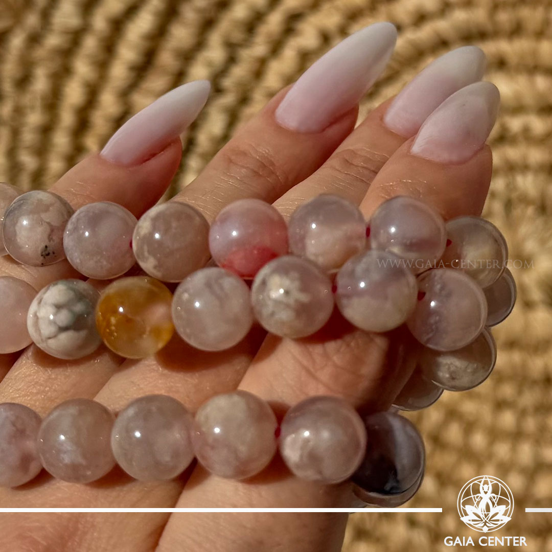 Blossom Agate Crystal Bracelet made with genuine natural gemstone beads, available online at Gaia Center Crystal Shop Cyprus. Authentic Flower Agate bracelet for personal growth, emotional healing, confidence, new beginnings and spiritual wellbeing with Cyprus-wide delivery.