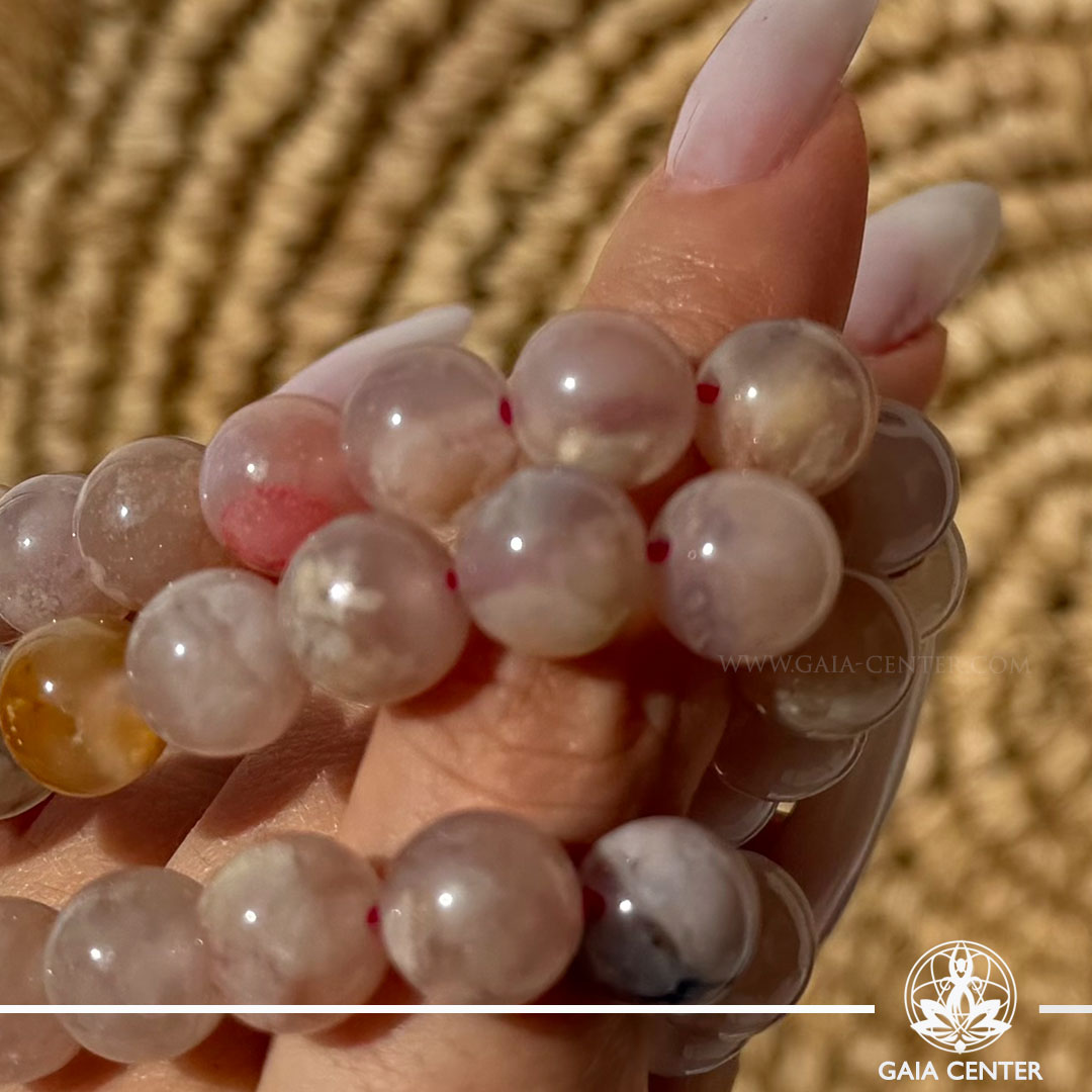 Blossom Agate Crystal Bracelet made with genuine natural gemstone beads, available online at Gaia Center Crystal Shop Cyprus. Authentic Flower Agate bracelet for personal growth, emotional healing, confidence, new beginnings and spiritual wellbeing with Cyprus-wide delivery.