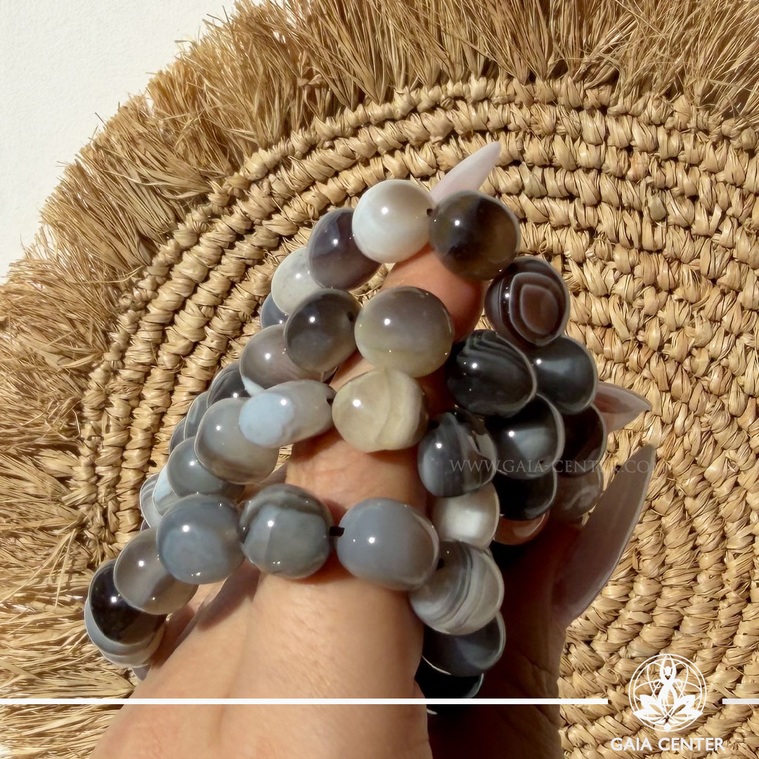 Botswana Agate Crystal Bracelet made with genuine natural gemstone beads, available online at Gaia Center Crystal Shop Cyprus. Authentic Botswana Agate bracelet for emotional balance, comfort, grounding, inner strength, protection and spiritual wellbeing with Cyprus-wide delivery.