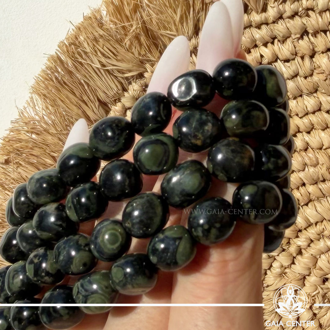 Kambaba Jasper Crystal Bracelet made with genuine natural gemstone beads featuring unique green patterns, available online at Gaia Center Crystal Shop Cyprus. Authentic Kambaba Jasper bracelet for grounding, emotional balance, heart chakra healing, inner peace and spiritual wellbeing with Cyprus-wide delivery.