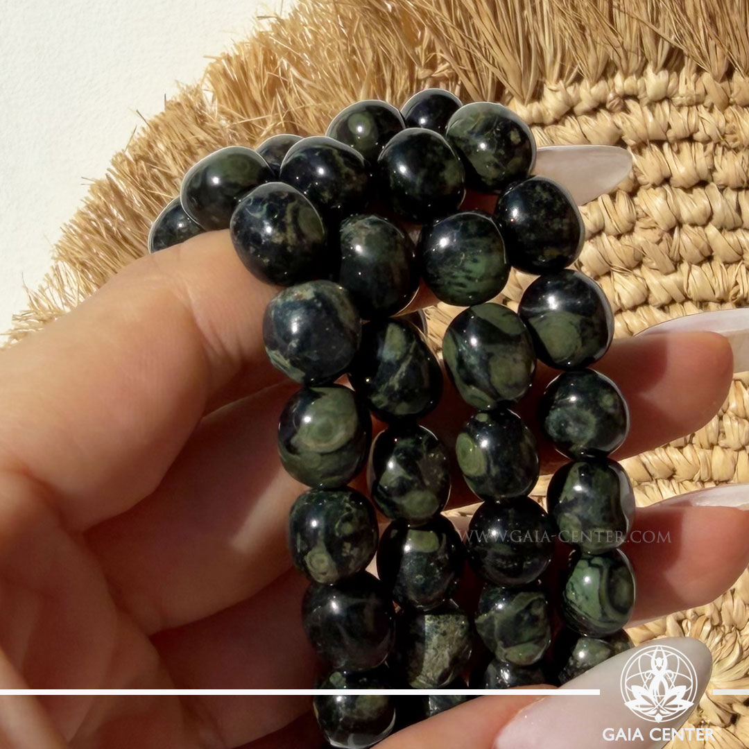 Kambaba Jasper Crystal Bracelet made with genuine natural gemstone beads featuring unique green patterns, available online at Gaia Center Crystal Shop Cyprus. Authentic Kambaba Jasper bracelet for grounding, emotional balance, heart chakra healing, inner peace and spiritual wellbeing with Cyprus-wide delivery.