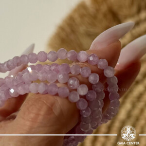 Kunzite Crystal Bracelet made with genuine natural gemstone beads, available online at Gaia Center Crystal Shop Cyprus. Authentic Kunzite bracelet for unconditional love, emotional healing, self-love, heart chakra activation, inner peace and spiritual wellbeing with Cyprus-wide delivery.