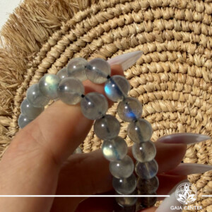 Labradorite Crystal Bracelet with genuine natural gemstone beads featuring stunning blue flash (labradorescence), available online at Gaia Center Crystal Shop Cyprus. Authentic crystal bracelet for intuition, protection, meditation and spiritual wellbeing with Cyprus and Worldwide delivery