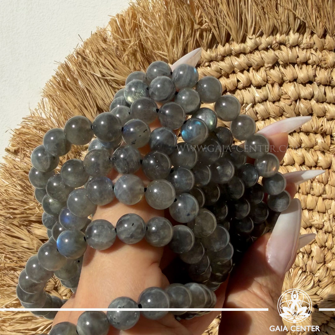 Labradorite Crystal Bracelet with genuine natural gemstone beads featuring stunning blue flash (labradorescence), available online at Gaia Center Crystal Shop Cyprus. Authentic crystal bracelet for intuition, protection, meditation and spiritual wellbeing with Cyprus and Worldwide delivery