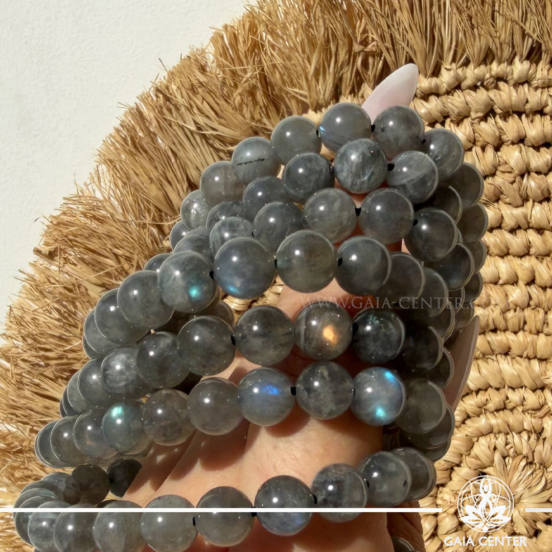 Labradorite Crystal Bracelet with genuine natural gemstone beads featuring stunning blue flash (labradorescence), available online at Gaia Center Crystal Shop Cyprus. Authentic crystal bracelet for intuition, protection, meditation and spiritual wellbeing with Cyprus and Worldwide delivery