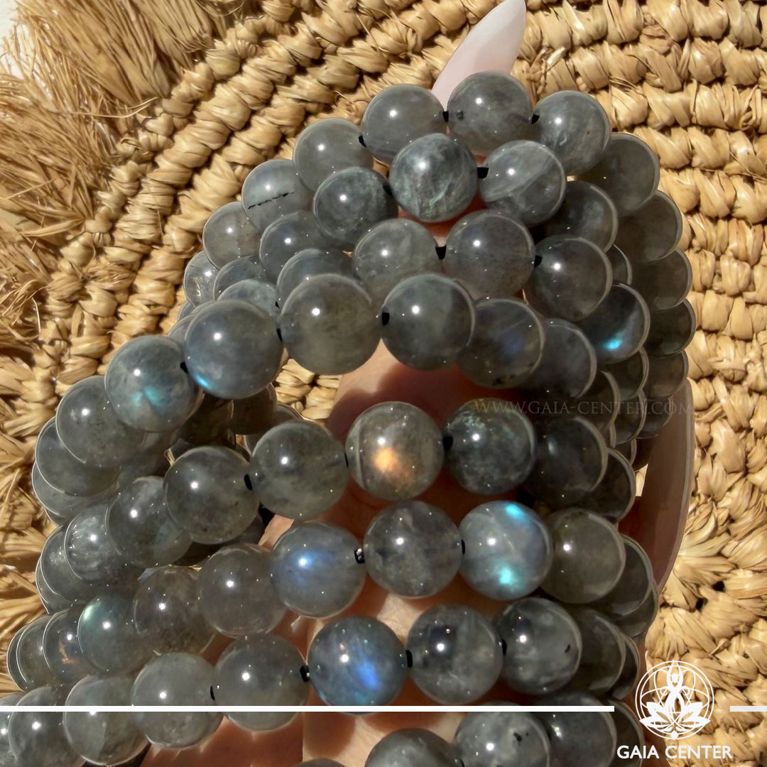 Labradorite Crystal Bracelet with genuine natural gemstone beads featuring stunning blue flash (labradorescence), available online at Gaia Center Crystal Shop Cyprus. Authentic crystal bracelet for intuition, protection, meditation and spiritual wellbeing with Cyprus and Worldwide delivery