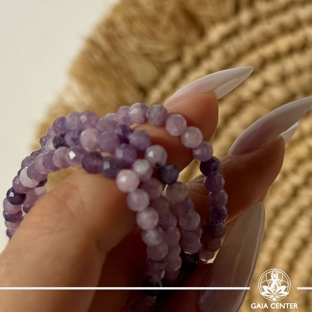 Lepidolite Crystal Bracelet made with genuine natural gemstone beads, available online at Gaia Center Crystal Shop Cyprus. Authentic Lepidolite bracelet for emotional balance, stress relief, inner peace, transition, spiritual wellbeing and Cyprus-wide delivery.