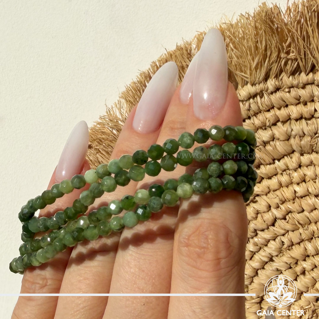 Nephrite Jade Crystal Bracelet made with genuine natural gemstone beads, available online at Gaia Center Crystal Shop Cyprus. Authentic Nephrite Jade bracelet for prosperity, protection, harmony, good fortune, heart chakra balance and spiritual wellbeing with Cyprus-wide delivery.