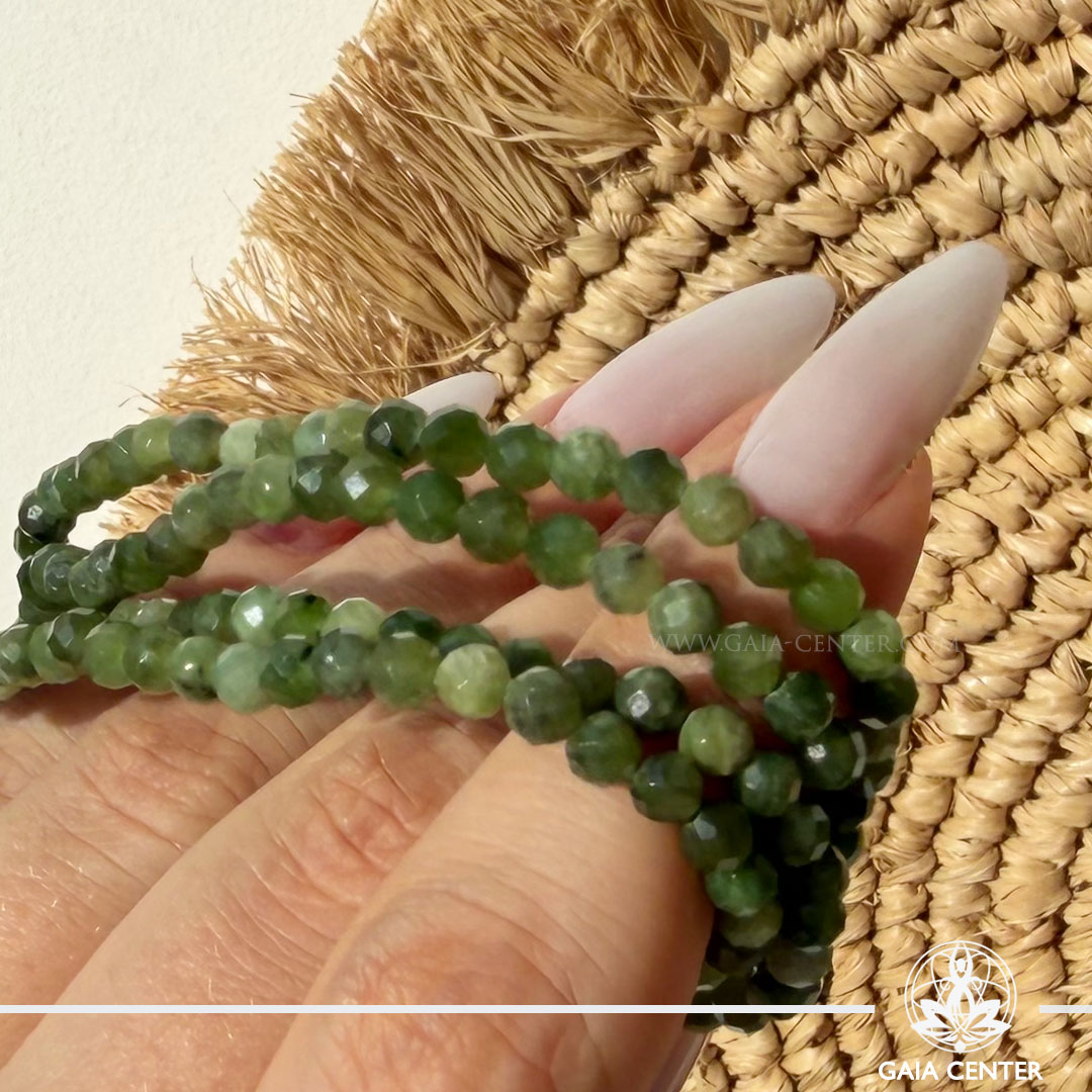 Nephrite Jade Crystal Bracelet made with genuine natural gemstone beads, available online at Gaia Center Crystal Shop Cyprus. Authentic Nephrite Jade bracelet for prosperity, protection, harmony, good fortune, heart chakra balance and spiritual wellbeing with Cyprus-wide delivery.