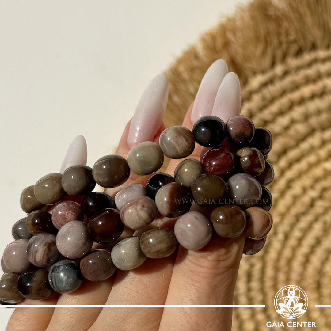 Petrified Wood Crystal Bracelet made with genuine natural fossil wood gemstone beads, available online at Gaia Center Crystal Shop Cyprus. Authentic Petrified Wood bracelet for grounding, stability, inner strength, Earth connection, emotional balance and spiritual wellbeing with Cyprus-wide delivery.